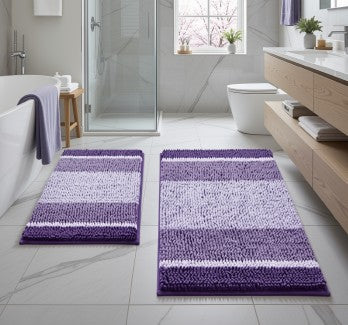 Cleaning up is easy with the machine washable purple Chenille Bath Mats, 2-Piece Non-Slip Set.