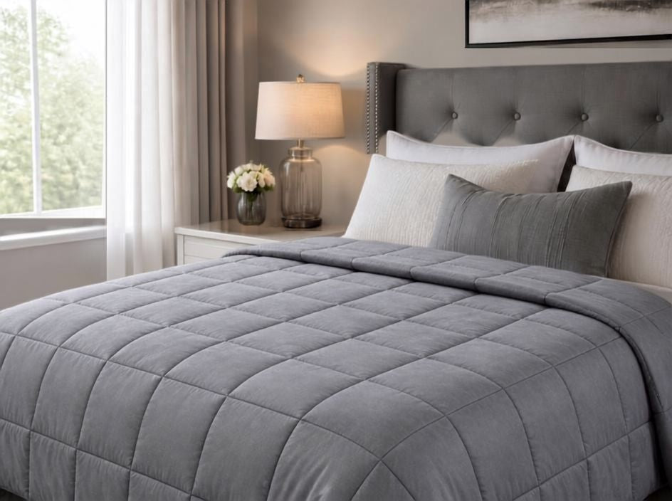 Quility 20 lb Queen Weighted Blanket, 60x80 Breathable Cotton Glass Bead Blanket for Adults, layered over white sheets for a cozy 20 lb weighted blanket bedroom look