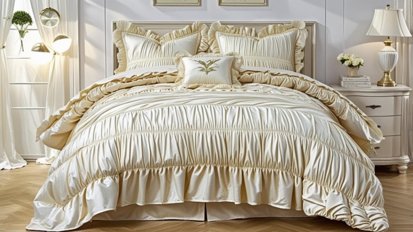 The Ruched Comforter Set in a styled room, presenting the luxury farmhouse comforter as a focal point for sophisticated decor.