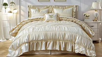 The Ruched Comforter Set in a styled room, presenting the luxury farmhouse comforter as a focal point for sophisticated decor.