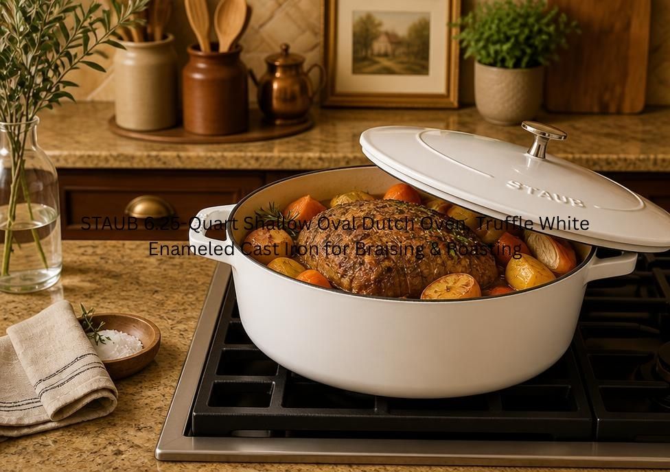 STAUB 6.25-Quart Shallow Oval Dutch Oven, Pure White Enameled Cast Iron for Braising & Roasting, textured interior oval dutch oven for even browning