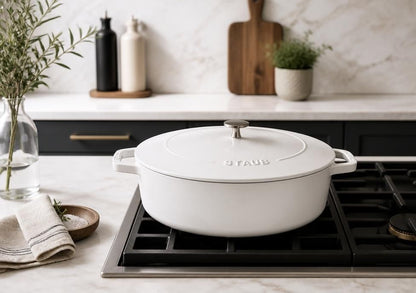 STAUB 6.25-Quart Shallow Oval Dutch Oven, Pure White Enameled Cast Iron for Braising & Roasting, heirloom-quality oval dutch oven for oven-to-table serving