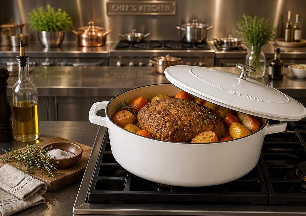 STAUB 6.25-Quart Shallow Oval Dutch Oven, Pure White Enameled Cast Iron for Braising & Roasting, elegant oval dutch oven with matching lid
