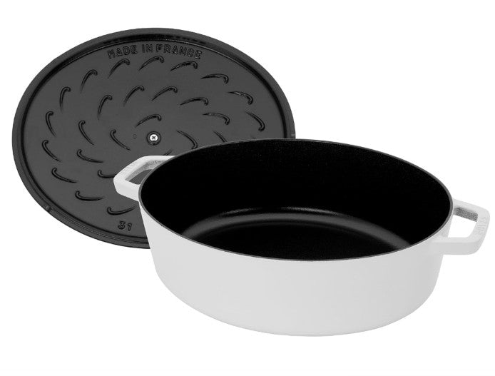 STAUB 6.25-Quart Shallow Oval Dutch Oven, Pure White Enameled Cast Iron for Braising & Roasting, French-made oval dutch oven with self-basting lid