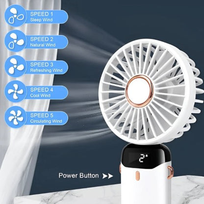 BreezeMate Rechargeable Handheld Mini Fan - LED Digital Display with 5 Speeds - Purple/White, rechargeable handheld fan with Type-C charging