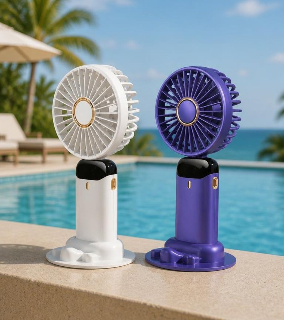 BreezeMate Rechargeable Handheld Mini Fan - LED Digital Display with 5 Speeds - Purple/White, rechargeable handheld fan product view
