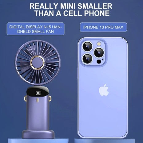 BreezeMate Rechargeable Handheld Mini Fan - LED Digital Display with 5 Speeds - Purple/White, 5000mAh rechargeable handheld fan battery