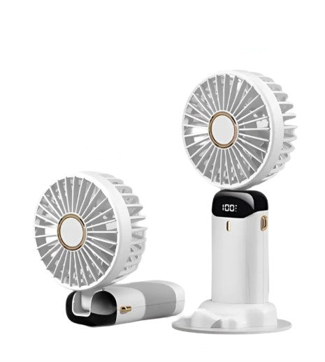 BreezeMate Rechargeable Handheld Mini Fan - LED Digital Display with 5 Speeds - Purple/White, hands-free standing rechargeable handheld fan