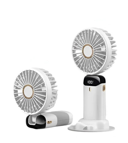 BreezeMate Rechargeable Handheld Mini Fan - LED Digital Display with 5 Speeds - Purple/White, hands-free standing rechargeable handheld fan