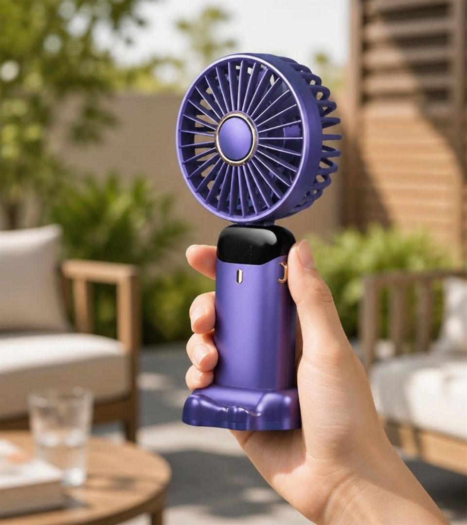 BreezeMate Rechargeable Handheld Mini Fan - LED Digital Display with 5 Speeds - Purple/White, rechargeable handheld fan with adjustable airflow