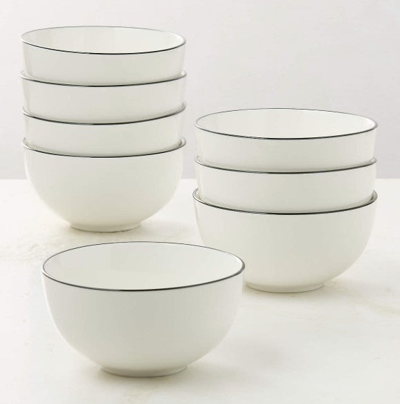 Cameron Fine Bone China Bowl 8 Inch with a white base and black rim, perfect for contemporary serving.