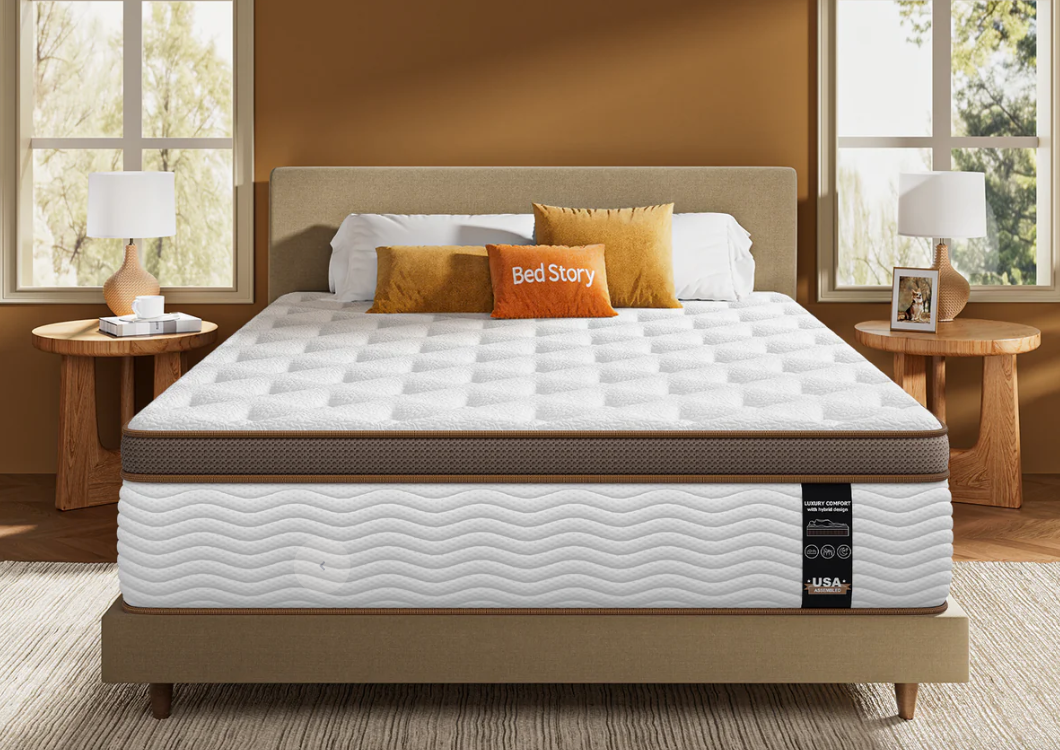 Product specification sheets for BedStory Firm Hybrid Mattress, outlining the benefits of the orthopedic hybrid mattress.