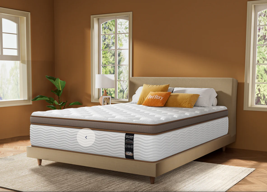 Wardrobe scene featuring BedStory orthopedic hybrid mattress, designed for style and orthopedic support in any bedroom.