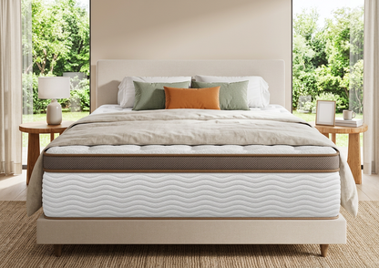Close-up of BedStory 14-Inch Hybrid Mattress, showcasing orthopedic hybrid mattress with cooling gel foam and reinforced pocket coils.