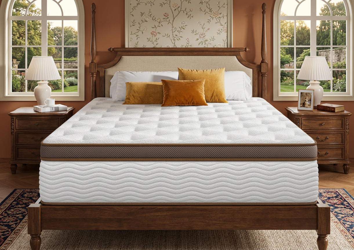 BedStory orthopedic hybrid mattress on a stylish platform bed, highlighting its luxurious white Euro top design.