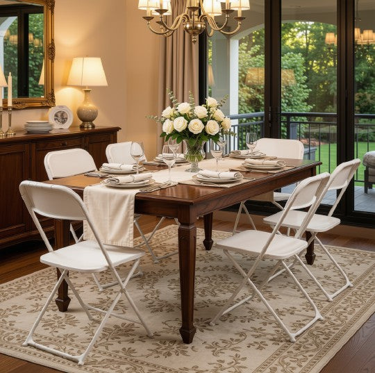 Detailed image of the sturdy iron frame of white folding chairs, emphasizing reliability for commercial use.