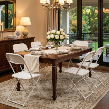 Detailed image of the sturdy iron frame of white folding chairs, emphasizing reliability for commercial use.