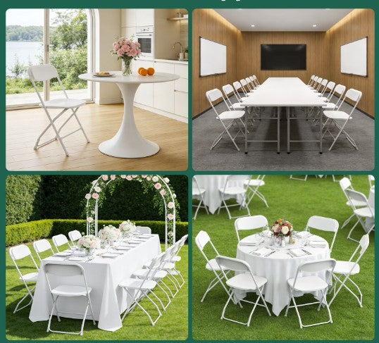Charming outdoor event scene featuring white folding chairs surrounded by greenery and string lights.