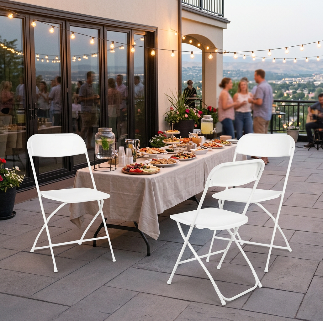 Stacked Commercial White Folding Chairs showcasing space-saving storage solutions for events.