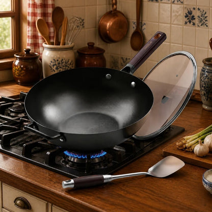 Cooking process with the 13.5-Inch Pre-Seasoned Carbon Steel Wok with Lid, highlighting stir-frying action.
