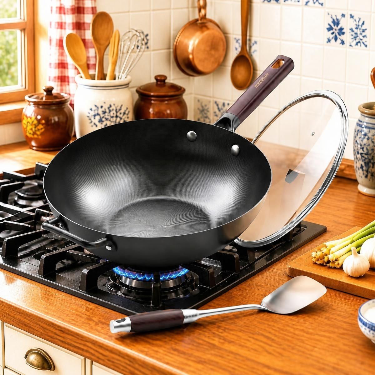 Set of the 13.5-Inch Pre-Seasoned Carbon Steel Wok with Lid and its included accessories.