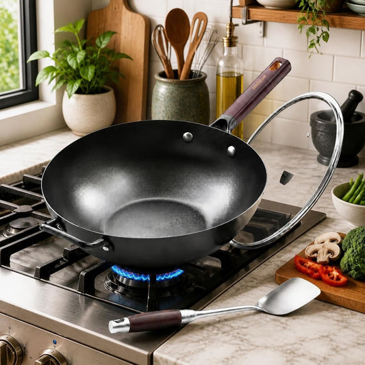 13.5-Inch Pre-Seasoned Carbon Steel Wok with Lid showcasing its deep sides for stir-fries.